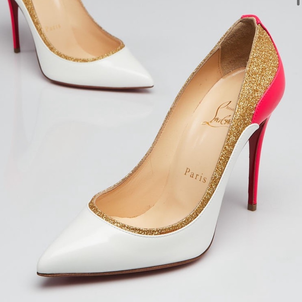CHRISTIAN LOUBOUTIN
White/Gold/Pink Leather & Glitter Tucsick 100 Pumps